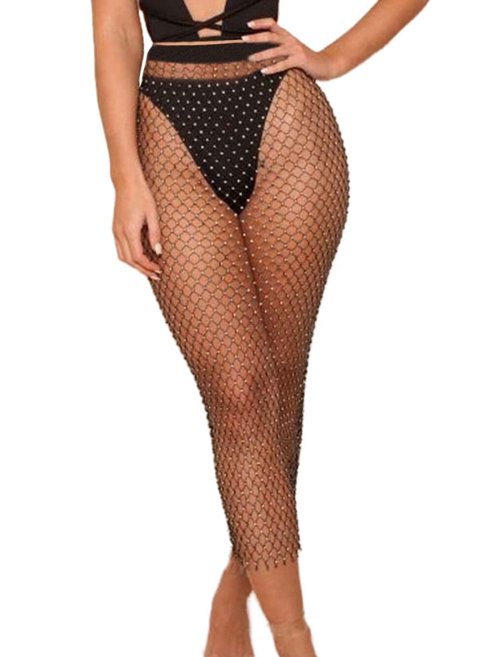 1065 Glitter Rhinestone Mesh Coverup Black Crystal Long Skirts Rave Costume